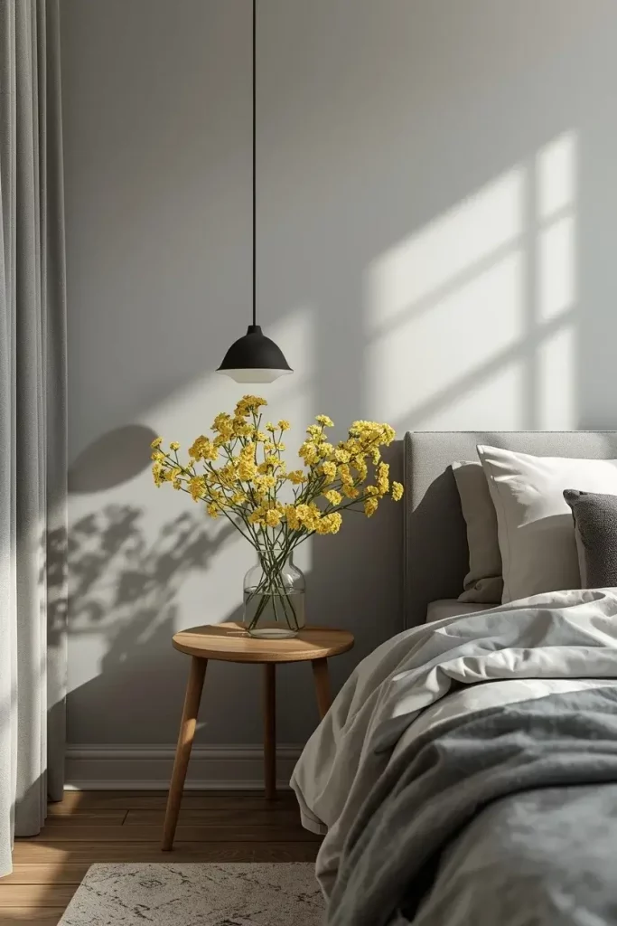 yellow flowers in vase on grey bedroom table