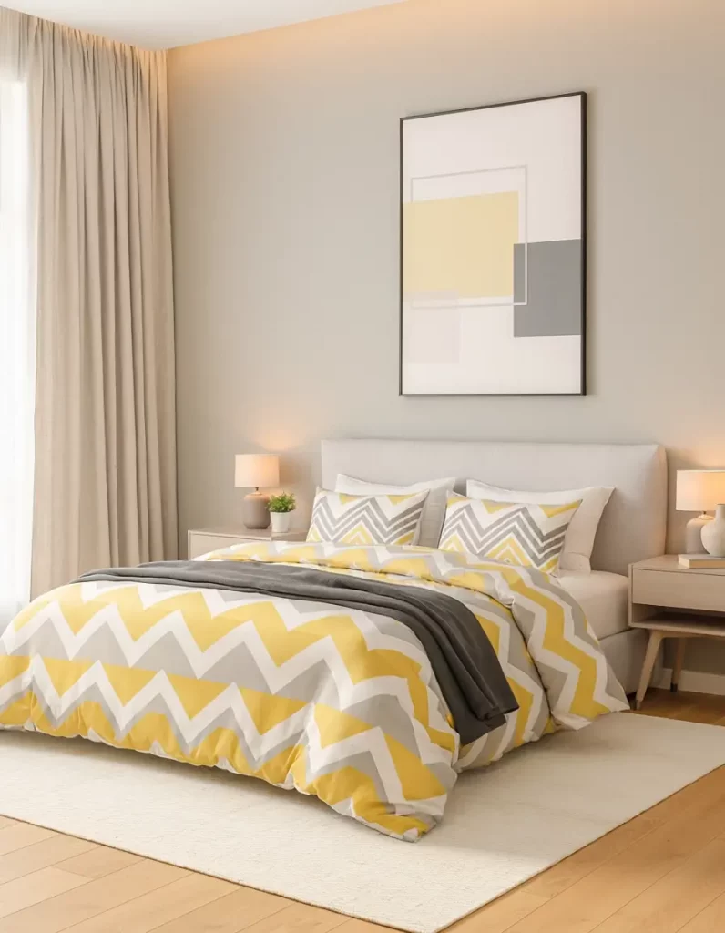 yellow and grey patterned bedding in modern bedroom
