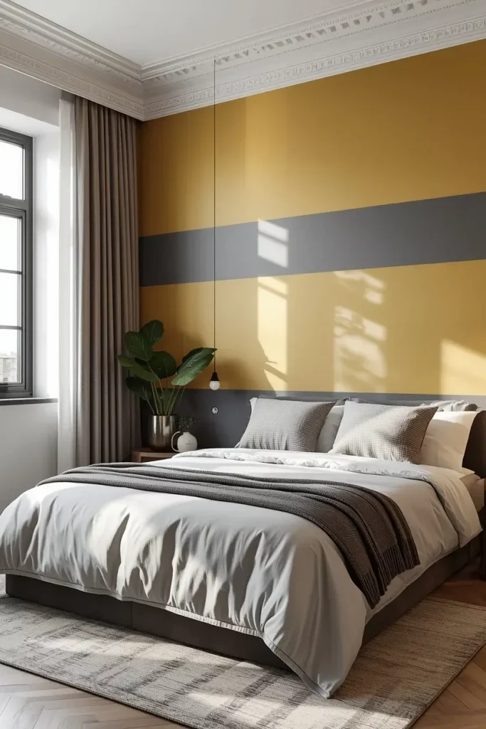 yellow and grey striped wallpaper bedroom design