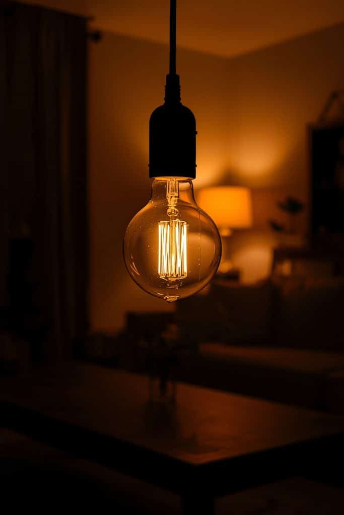 Warm amber 2700K bulb glowing in lamp with soft-focus cozy living room background