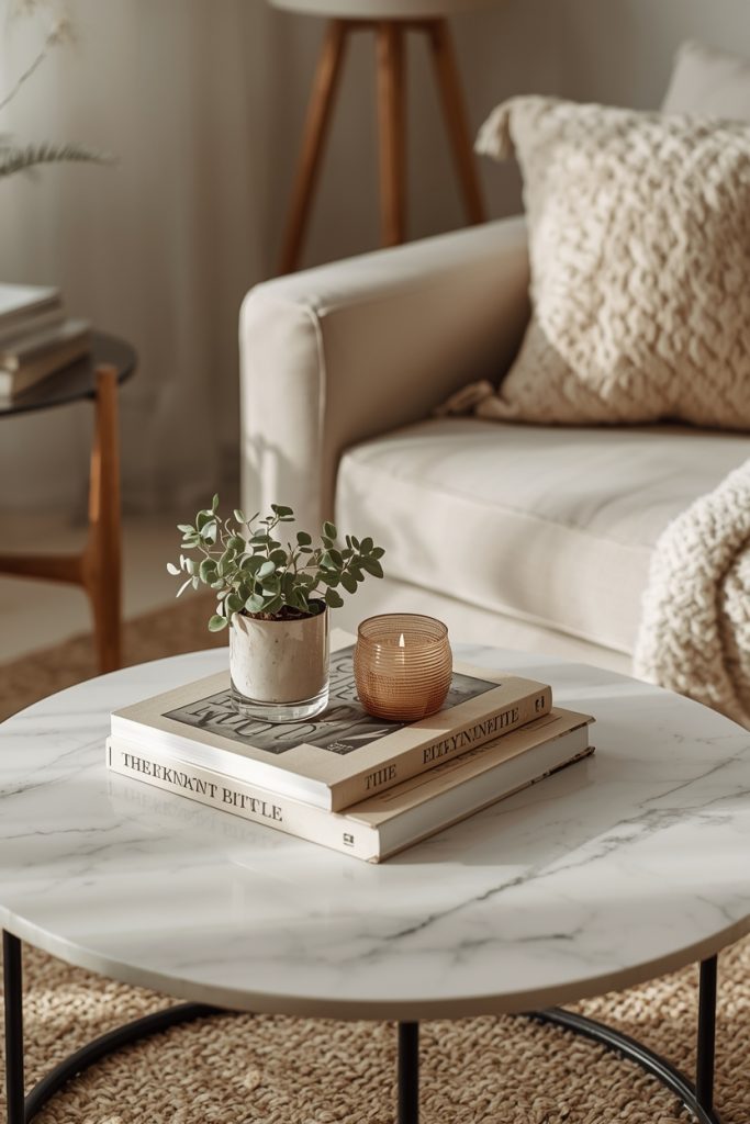 Minimal table styling with a book, small plant, and candle arranged neatly in a warmly lit living room