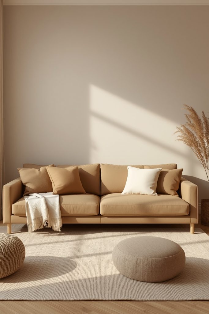 Tonal living room with layered warm beige shades from walls to cushions creating a cohesive cozy look