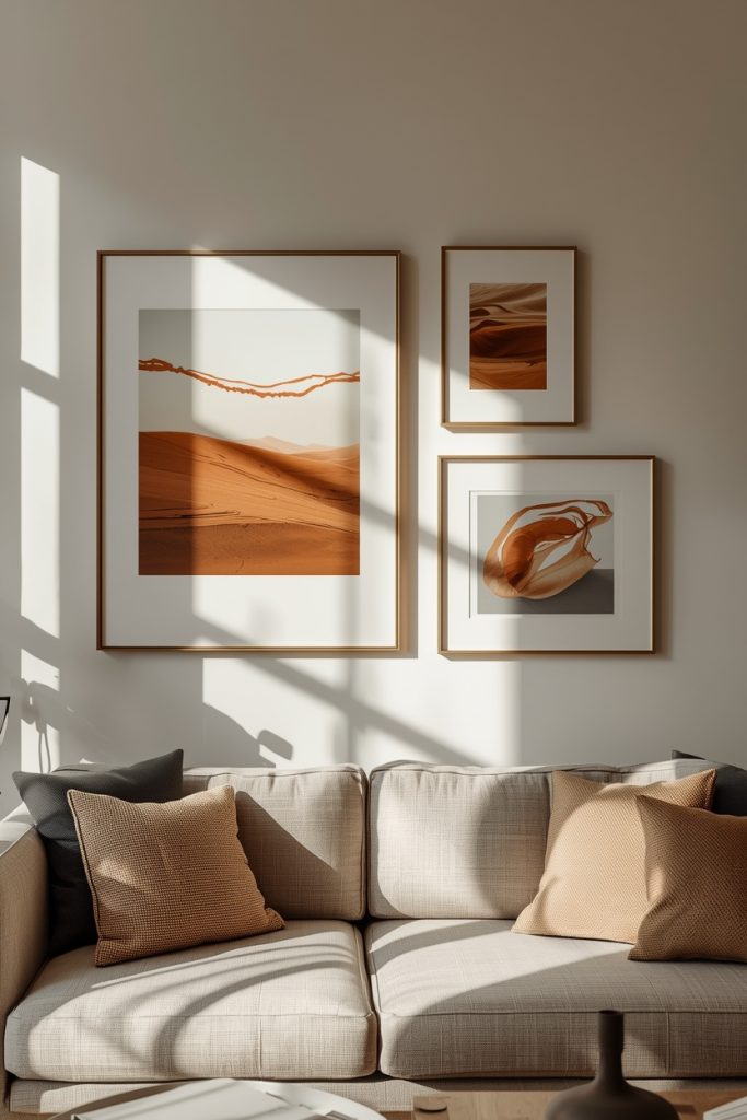 Four warm-toned art prints in slim brass frames arranged above a sofa, including one larger piece and smaller ones, lit by soft afternoon light