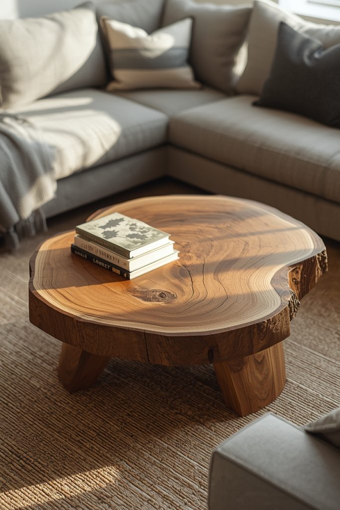 Raw edge natural wood coffee table with books in warm modern living room center