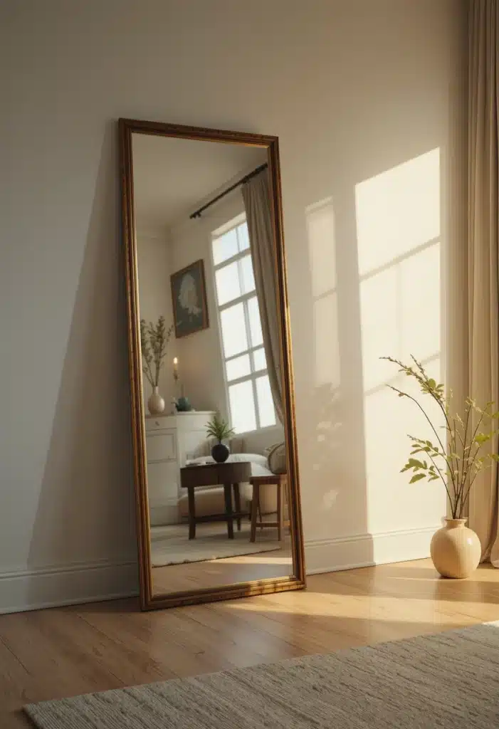 Leaning floor mirror reflecting the living room, making the space appear larger under warm afternoon light with a calm, airy atmosphere