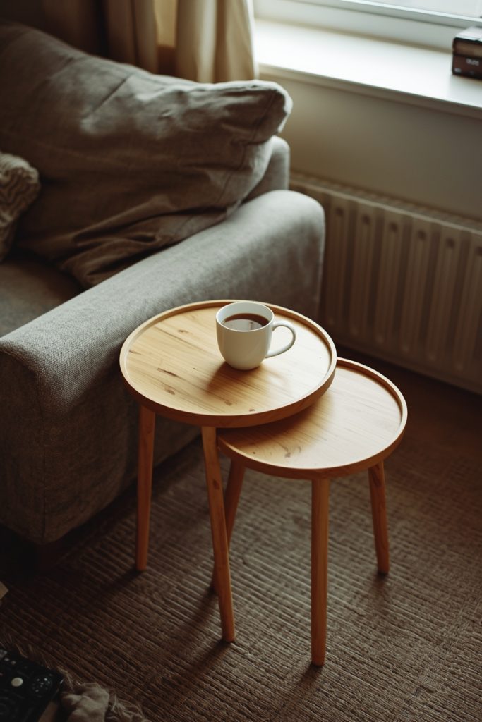Natural-looking living room with slightly imperfect nesting tables beside a sofa, one holding a coffee cup and everyday items, lit by soft window light for a realistic lived-in feel
