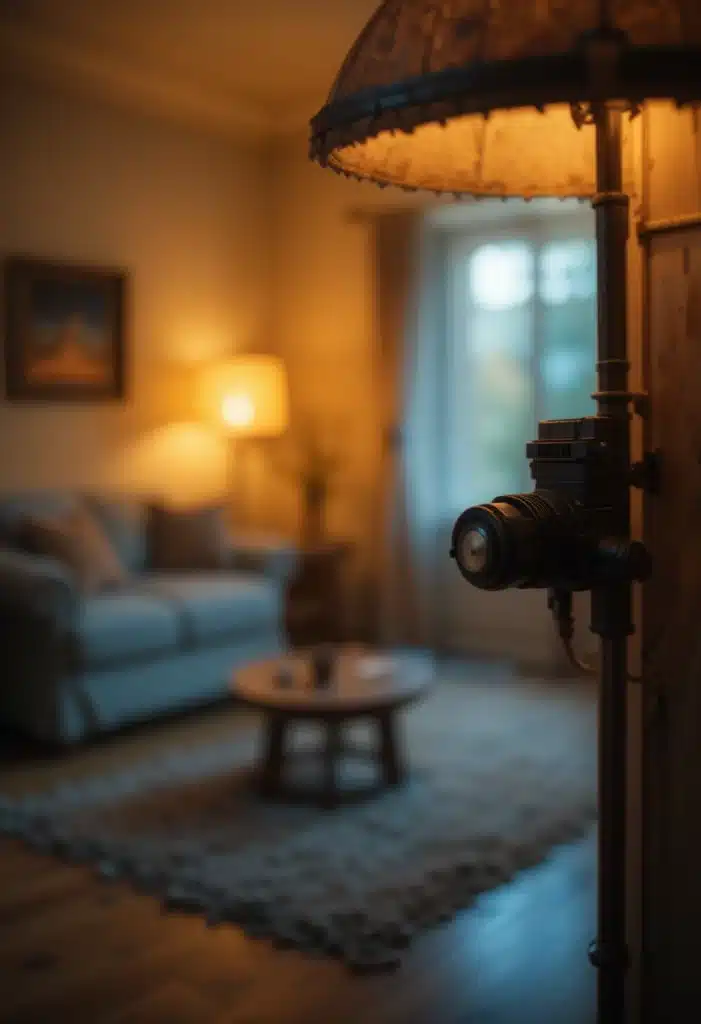 Plug-in dimmer on lamp cord with warm glowing living room softly blurred in background