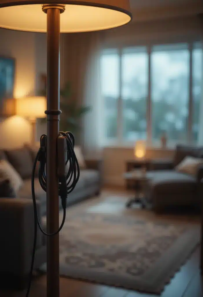 Plug-in dimmer on a floor lamp cord controlling a soft warm glow, with a cozy living room visible in the background under low lighting