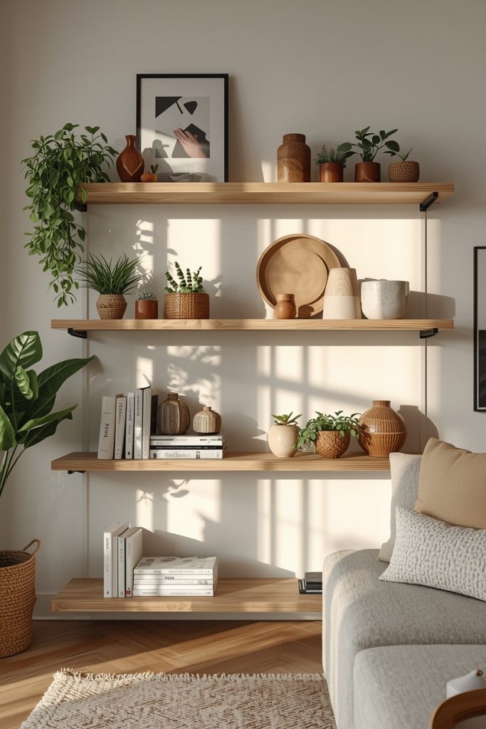 Living room shelves styled with 70 percent fill and decor grouped in threes in warm natural light