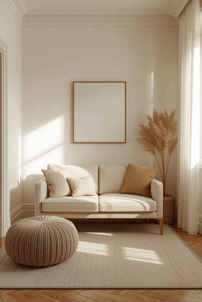Small living room featuring a loveseat with exposed legs and a pouffe next to it, styled in warm cream tones with soft lighting for an open, cozy feel