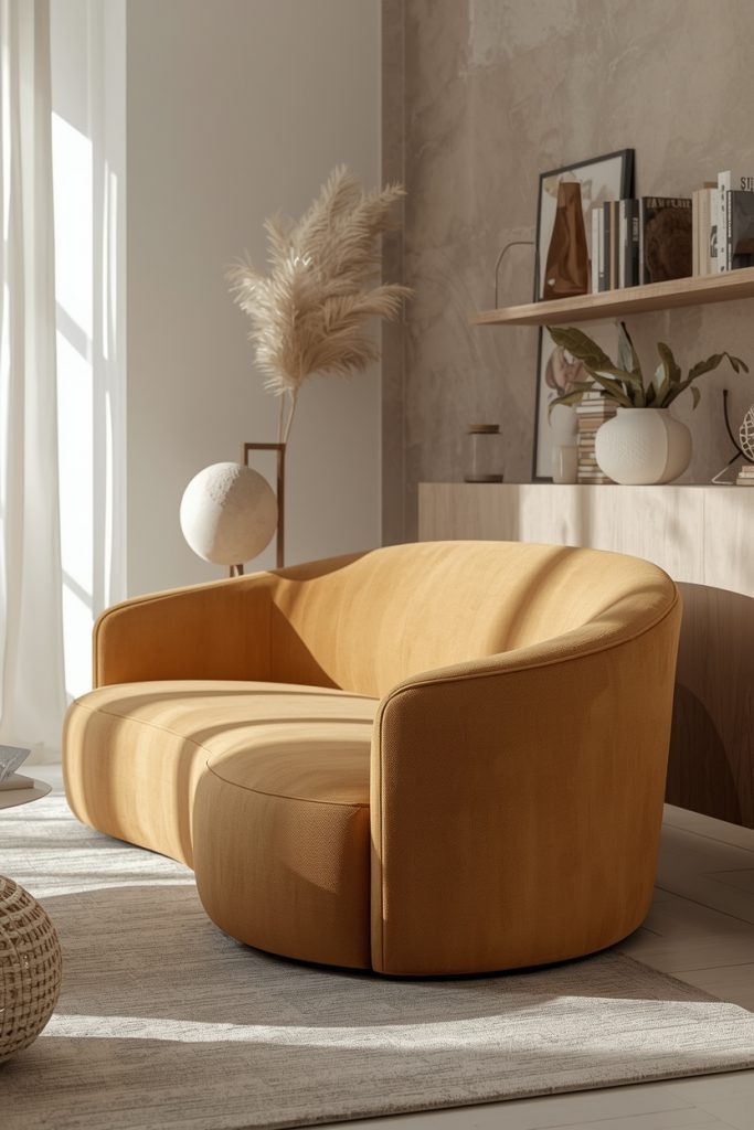 Curved arm oat sofa with soft silhouette in warm contemporary living room