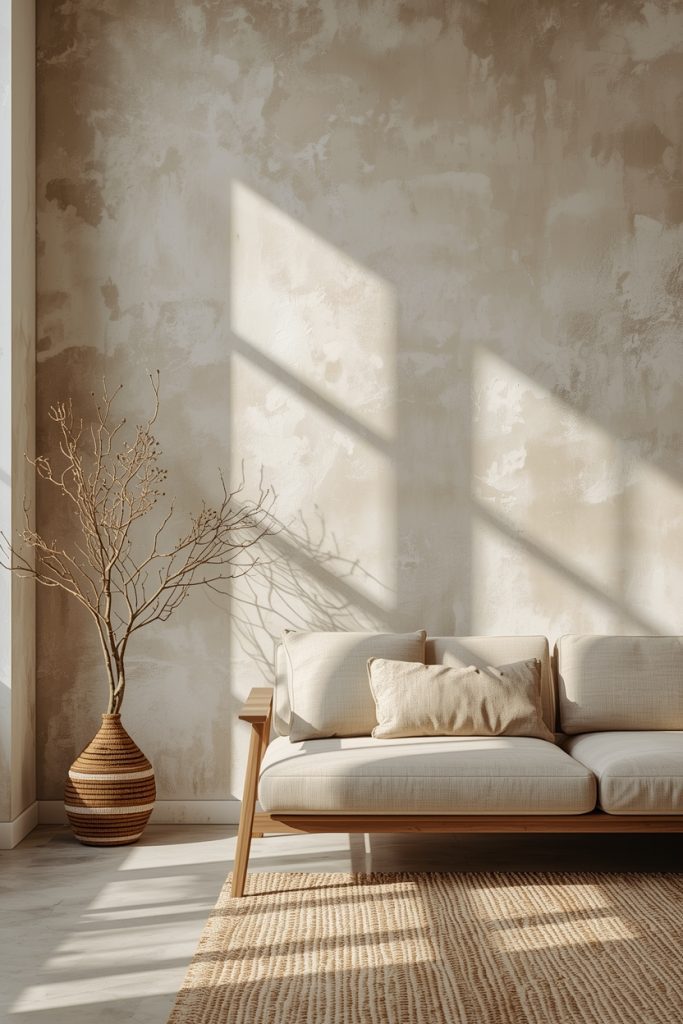Limewash textured wall behind sofa with warm natural light in modern contemporary living room