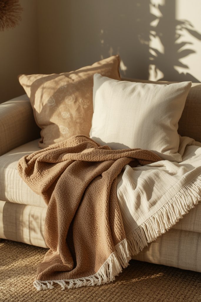 Sofa with a draped throw and mixed cushions showing rich textures, lit by soft natural afternoon light in a cozy living room