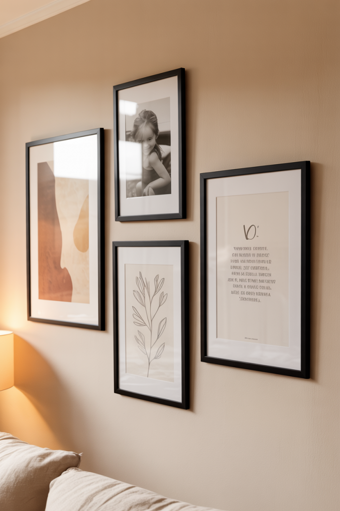 Aesthetic gallery wall living room 2026 with matte black frames, abstract art, botanical prints, and personal photography