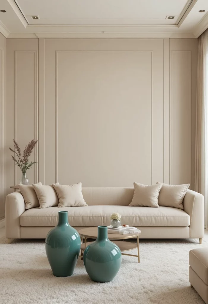 All-beige living room with emerald green ceramic accents as focal color pops