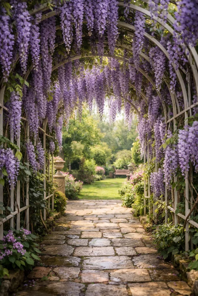 Unique trellis ideas showing a wisteria-draped arched trellis walkway in a lush cottage garden