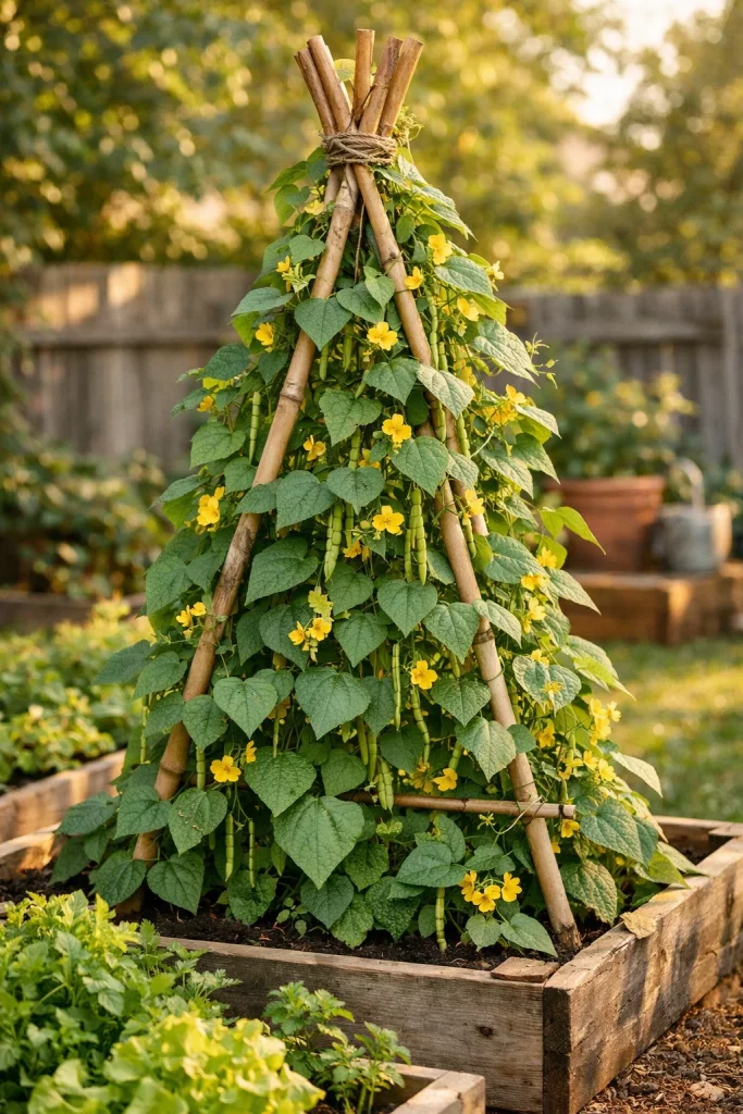 DIY bamboo teepee trellis in a vegetable garden β simple and fun trellis ideas for climbing plants