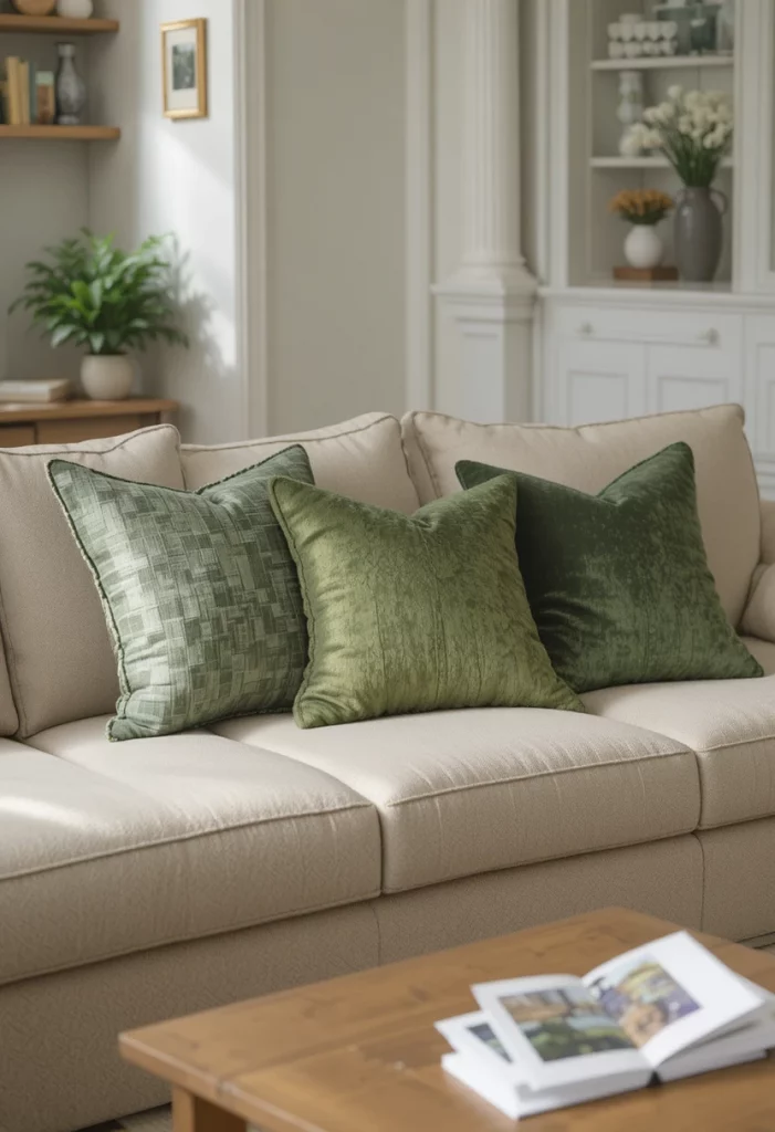 Beige linen sofa with sage olive and hunter green throw pillows