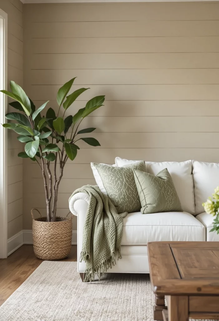Beige shiplap wall with sage green plant and pillow accents in a farmhouse living room