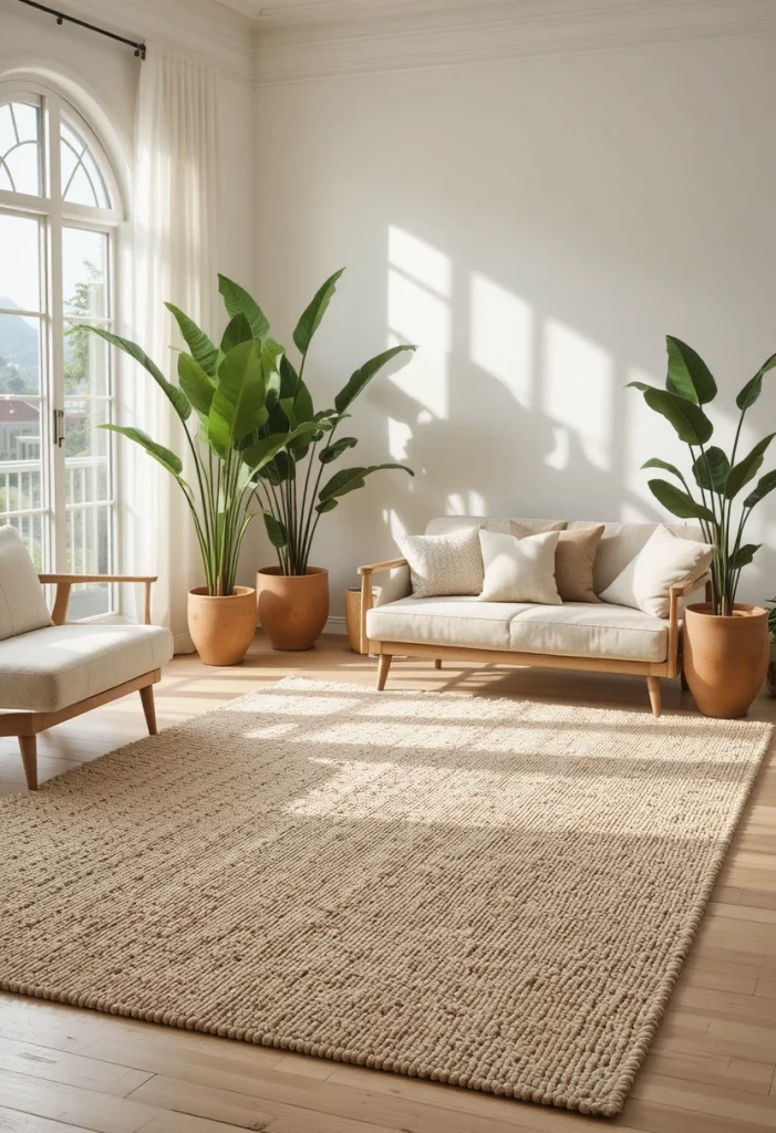 Beige bouclé rug with large green houseplants in a minimalist living room