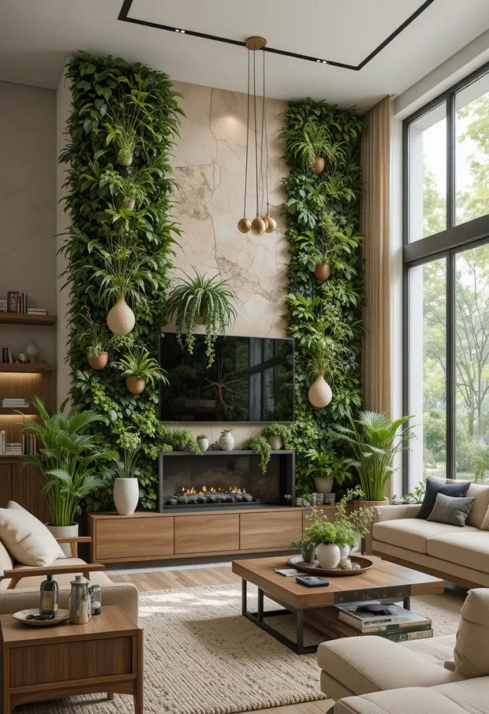 Biophilic living room with living plant wall and beige natural materials in 2026 design