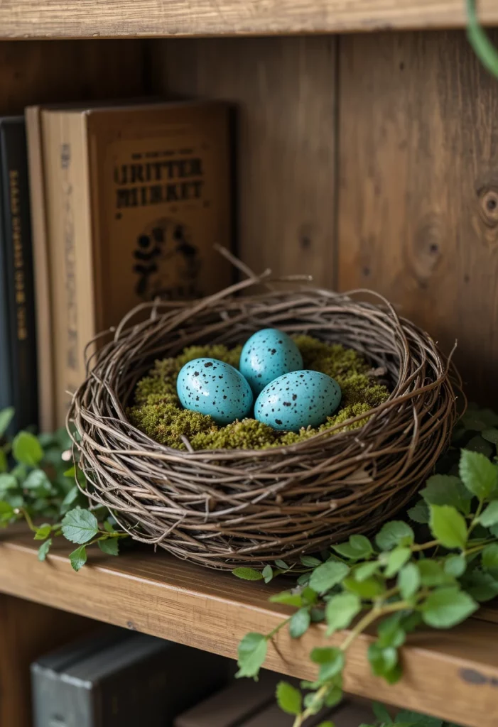 Decorative bird nest with speckled eggs for rustic spring home decor