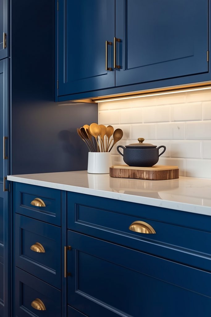 Blue and white kitchen with cobalt blue cabinets and antique brass hardware handles for a luxury vintage look