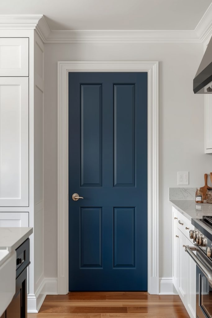 White kitchen with a single matte deep blue pantry door as a bold accent in a neutral blue and white kitchen