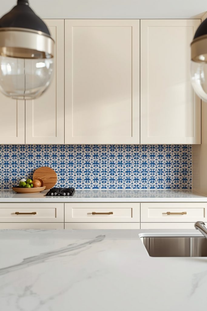 Blue and white kitchen with decorative patterned blue tile backsplash and simple cream cabinets
