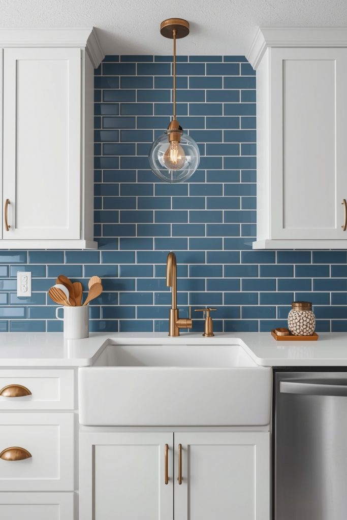 Blue and white kitchen with classic blue subway tile backsplash, white grout, and all-white cabinets