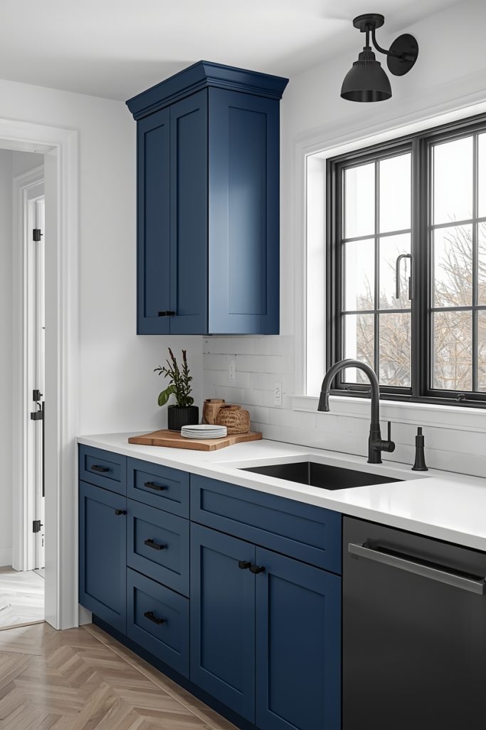 Blue and white kitchen with denim blue cabinets, white countertops and black faucet accents for a modern look