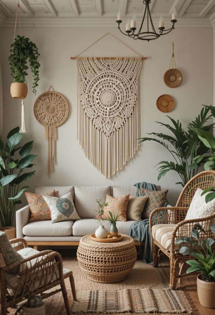 Boho aesthetic living room with macrame decor and earthy tones