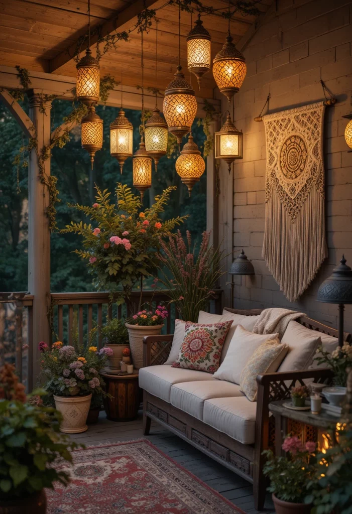 Boho Moroccan lanterns glowing on summer porch at night with macrame and linen cushions
