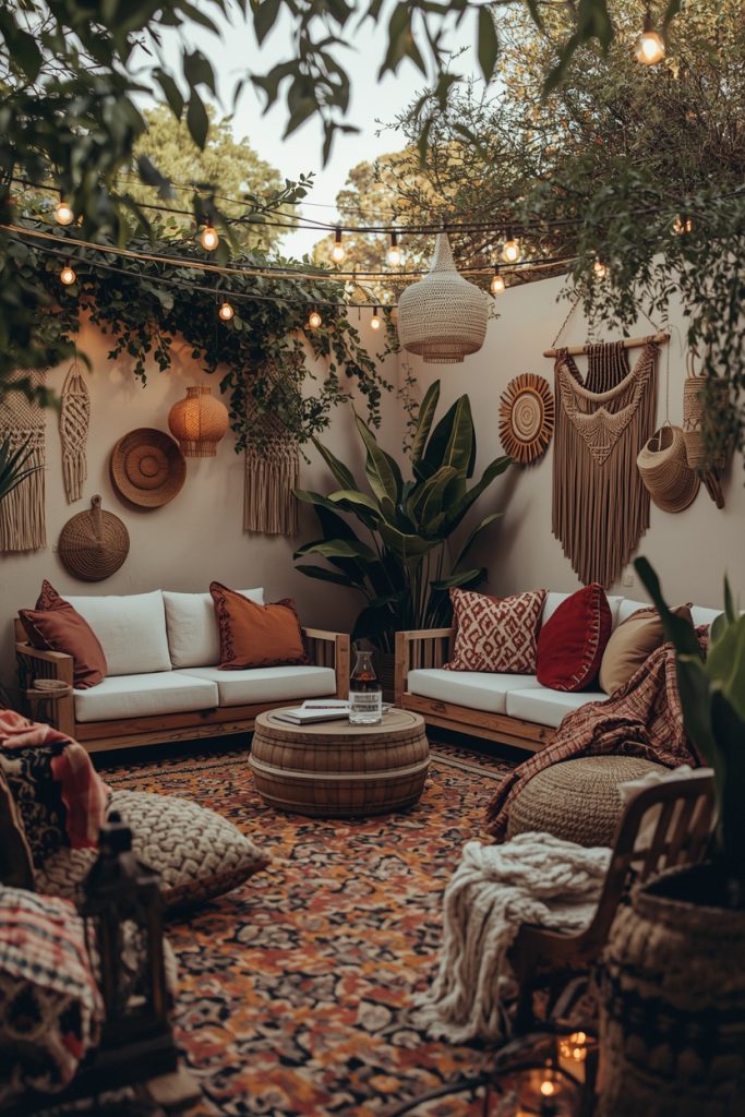 Boho outdoor patio makeover with patterned rugs, colorful cushions, plants, and soft lighting creating a cozy, artistic, and relaxed outdoor space.