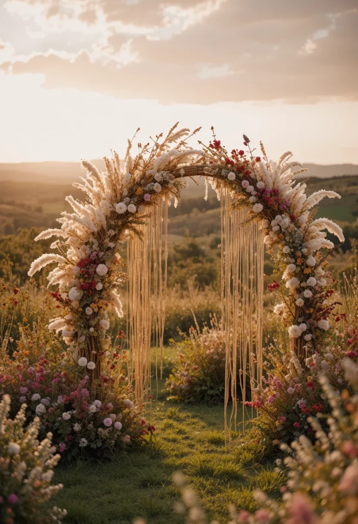 Boho wildflower meadow fall wedding ceremony with pampas grass and macramé arch at golden hour