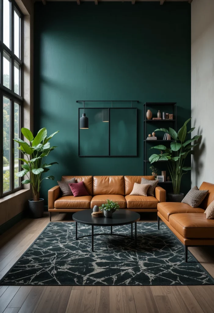 Contemporary living room style with forest green accent wall, leather sofa and sculptural plants