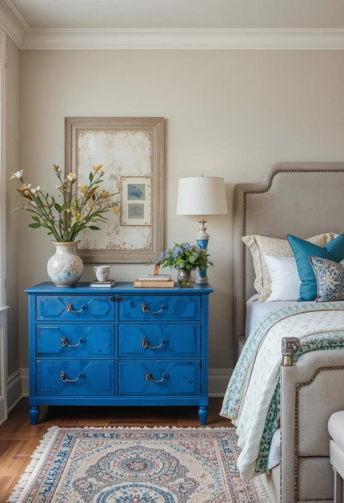 Colorful bedroom with cobalt blue statement dresser against neutral walls and layered rugs