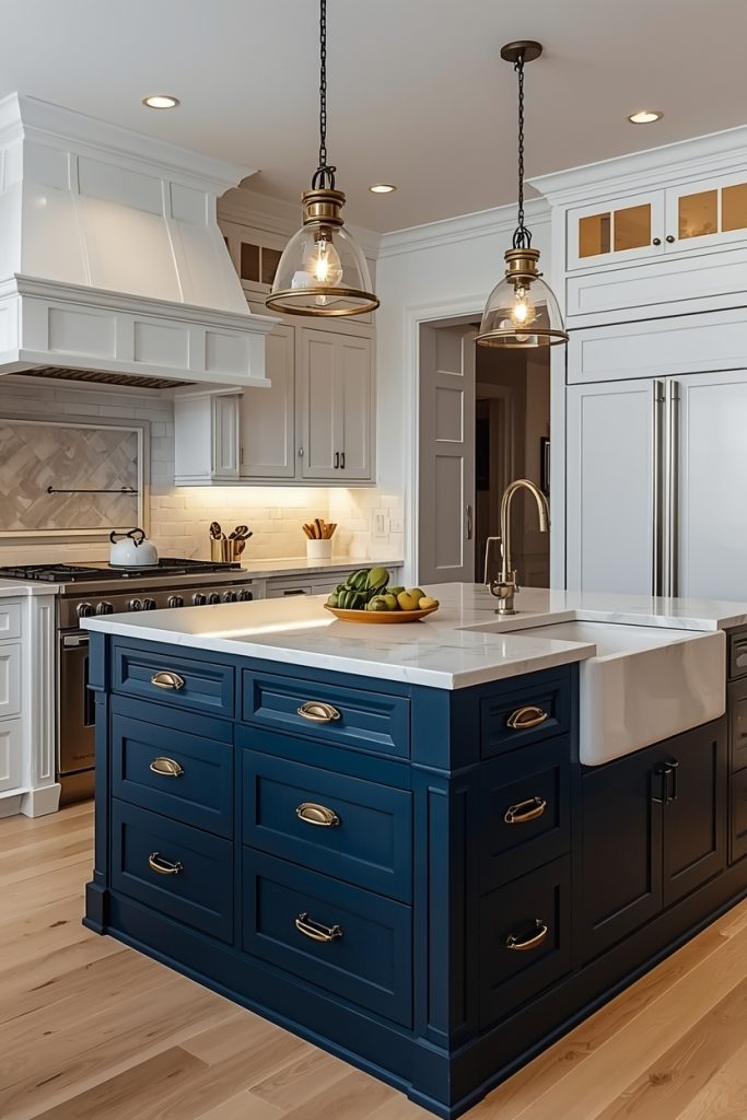 Blue and white kitchen featuring a bold navy blue island with brass hardware and white marble countertop