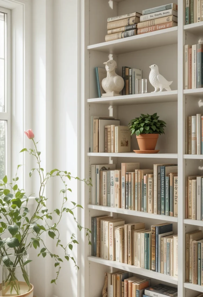 Spring home decor idea — styled bookshelf with greenery, florals, and curated spring accessories