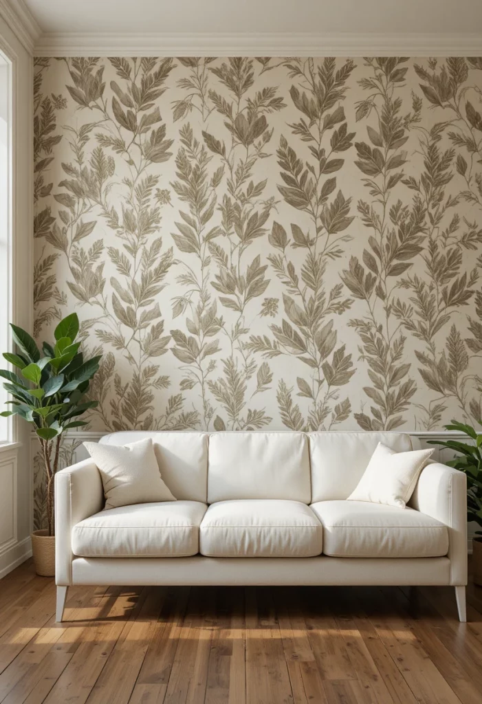 Beige botanical wallpaper with green leaf prints in a cozy living room