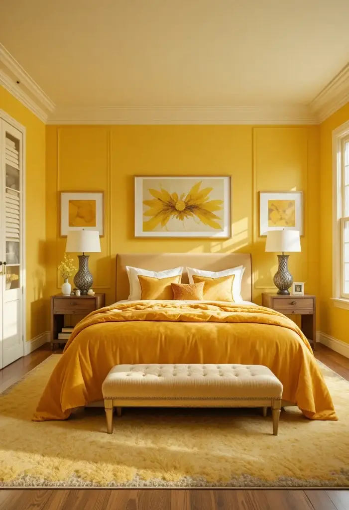  Bright yellow bedroom ideas maximalist style with layered yellow tones from lemon to saffron and white gallery wall