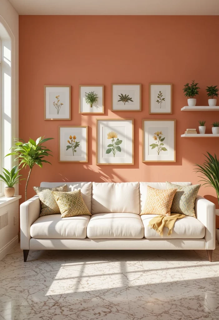 Bright spring living room decor idea with coral accent wall and botanical gallery art