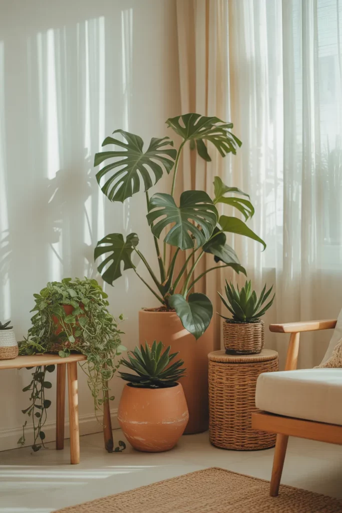 Budget living room decor idea with layered houseplants in terracotta and wicker pots near a window creating a fresh boho corner