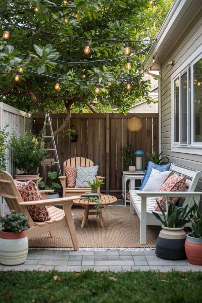 Budget-friendly outdoor patio makeover with DIY decor, repurposed furniture, string lights, plants, and cozy seating creating a stylish and affordable outdoor space.