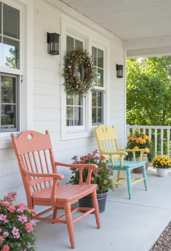 Budget summer porch makeover with thrifted chairs painted in bright bold colors