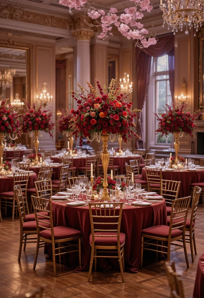 Burgundy and gold glamorous fall wedding reception with velvet and tall candelabra centerpieces