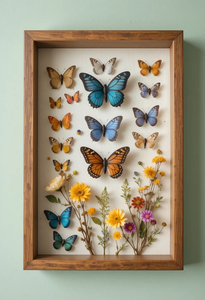 Butterfly shadow box with faux butterflies and pressed flowers as spring wall decor