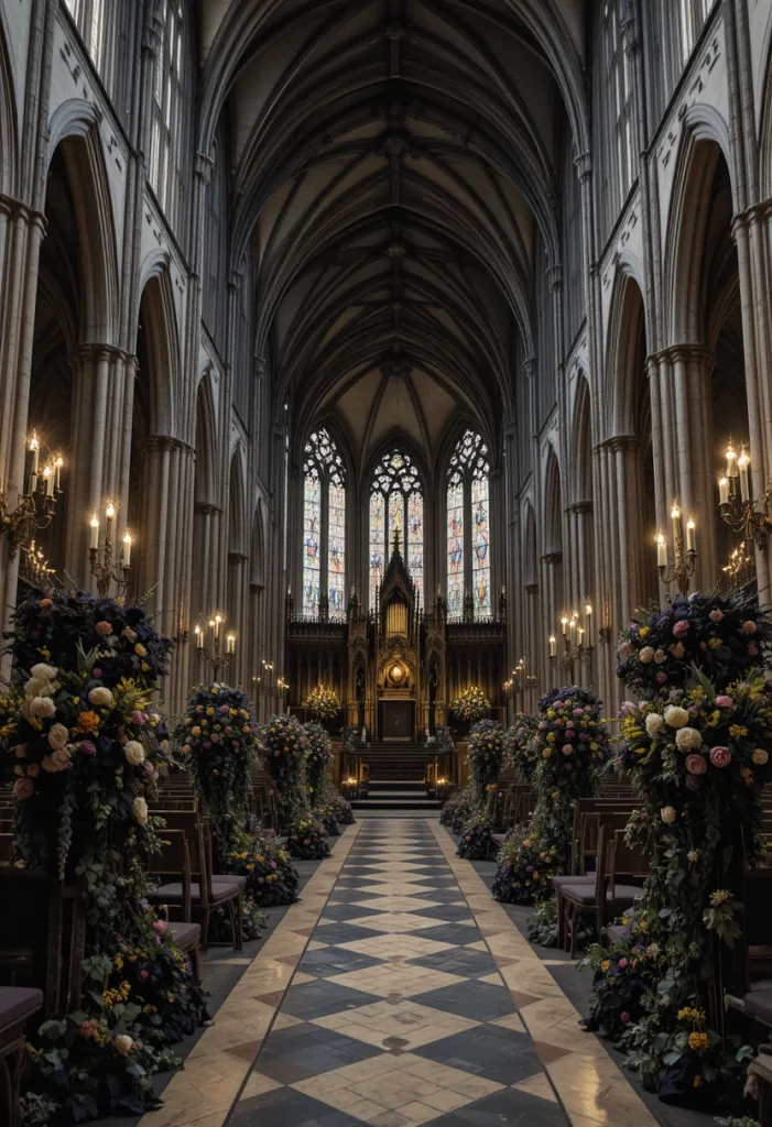 Gothic romance fall wedding in cathedral with black flowers iron candelabras and stained glass windows