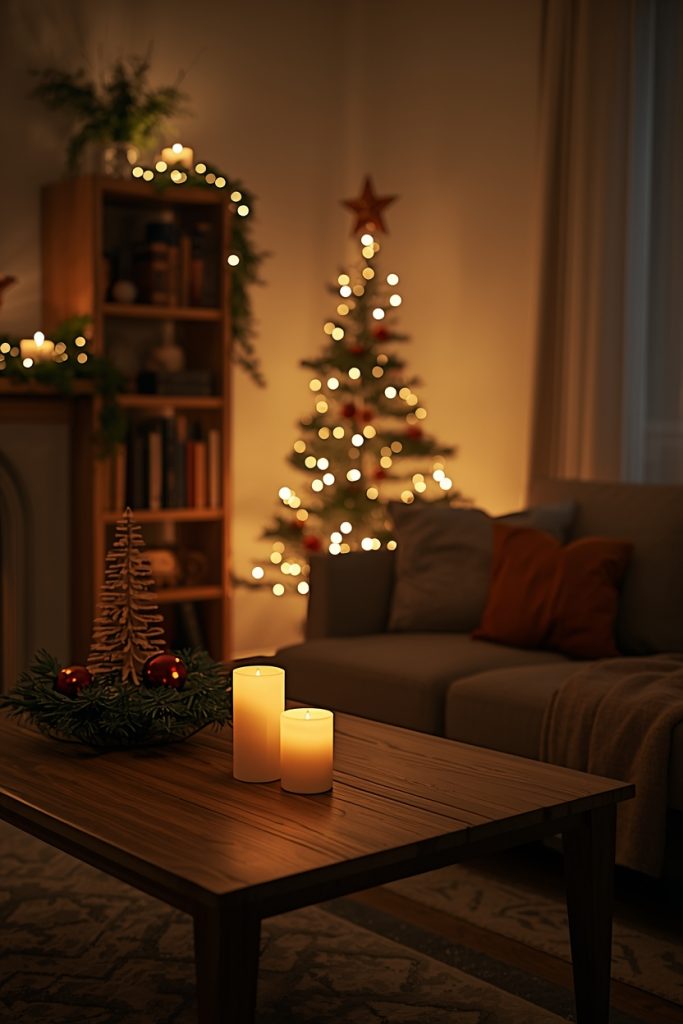 Candlelit Christmas living room decor with warm glow, soft lighting, and cozy ambiance creating a relaxing holiday atmosphere.