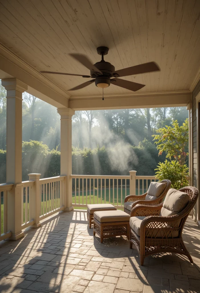 Outdoor ceiling fan with misting system cooling summer porch on a hot sunny day
